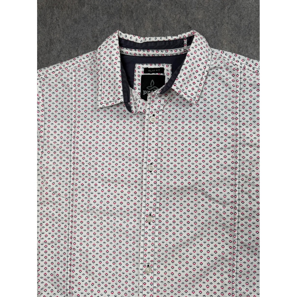 Prana Mens Slim Fit Short Sleeve Button Down Shirt White Geometric Print Medium - Picture 2 of 6
